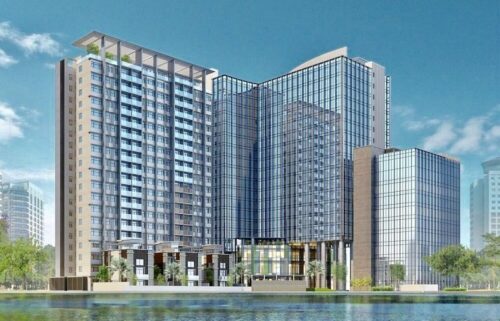 Phối cảnh tổ hợp Diamond Park Plaza nhìn từ hồ Thành Công: tòa căn hộ, tòa văn phòng kính và khối văn phòng 9 tầng