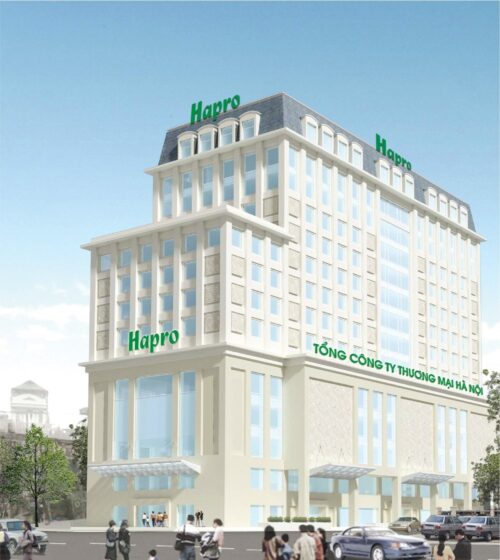 Phối cảnh Hapro Building 11B Cát Linh với khối đế thương mại màu kem và mái mansard, biển Hapro trên đỉnh