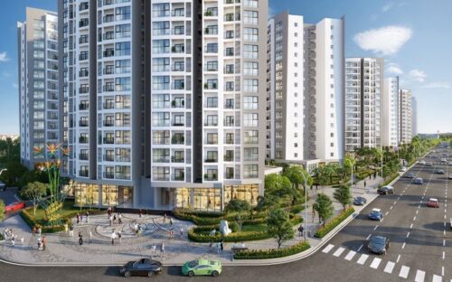 Phối cảnh mặt tiền tầng 1 các tòa Le Grand Jardin với cửa hàng kính và quảng trường góc đường