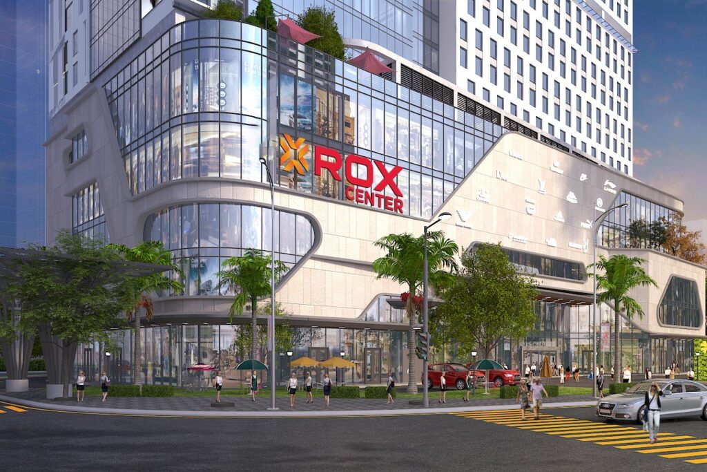 Phối cảnh khối đế thương mại ROX Center Goldmark City với mặt tiền kính và lối vào chính