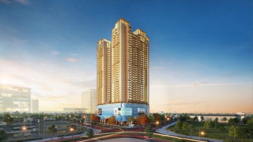 Phối cảnh tổ hợp BRG Diamond Residence với hai tháp và khối đế trung tâm thương mại mặt kính xanh ở ngã tư Lê Văn Lương – Hoàng Đạo Thúy