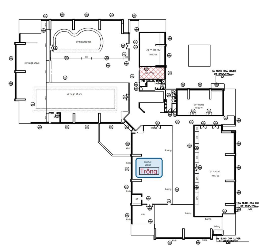 Mặt bằng tầng 3 tòa R4 Goldmark City, lô R4-L3-01 rộng 499 m² đang trống được khoanh xanh