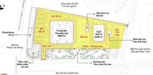 Mặt bằng tổng thể khu shophouse 24 lô, trung tâm thương mại 5.996 m², câu lạc bộ giải trí 2.440 m², bể bơi và sân thể thao