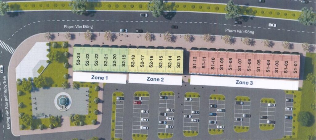 Sơ đồ dãy 24 shophouse Ruby Coastal City chia zone 1, zone 2, zone 3 dọc đường Phạm Văn Đồng, phía sau là bãi đỗ xe